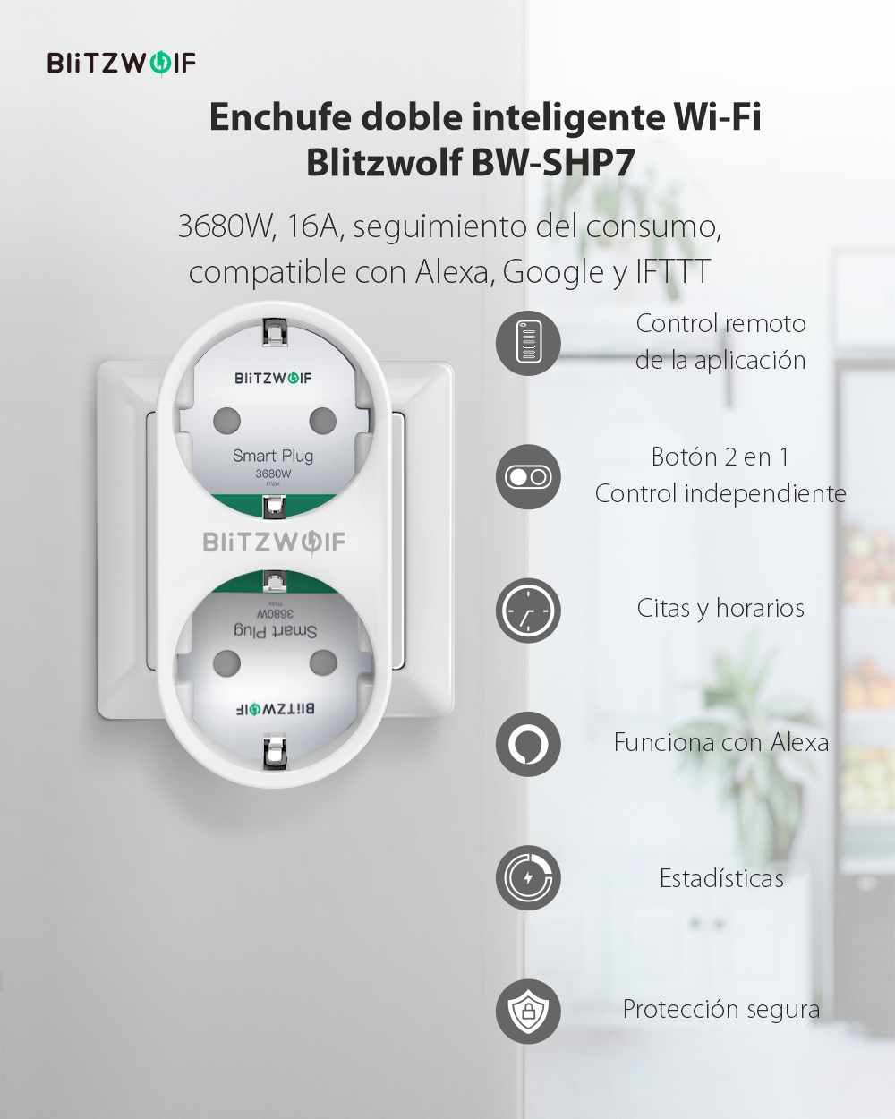 Enchufe doble BlitzWolf BW-SHP7, Blanco, Wi-Fi, Inteligente, 3680W, 16A, Monitor de energía, Compatible con Alexa, Google Home e IFTTT