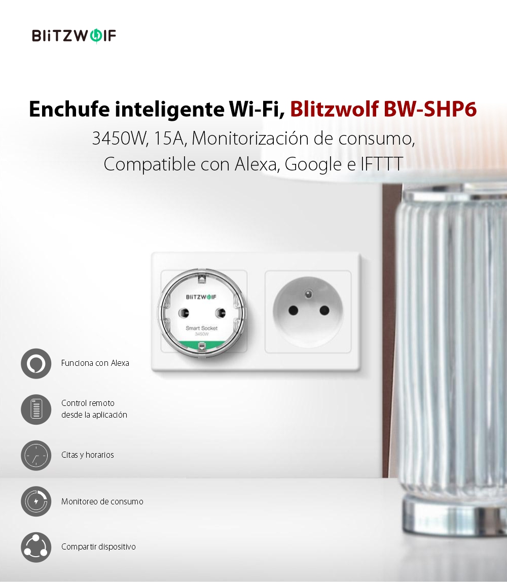 Enchufe inteligente BlitzWolf BW-SHP6, Wi-Fi, Programable, Monitorización de energía