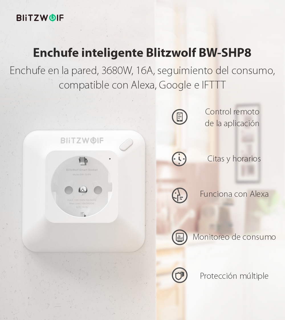 Enchufe inteligente Blitzwolf BW-SHP8, Blanco, 3680W, 16A, Monitoreo de consumo, Compatible con Alexa, Google Home e IFTTT