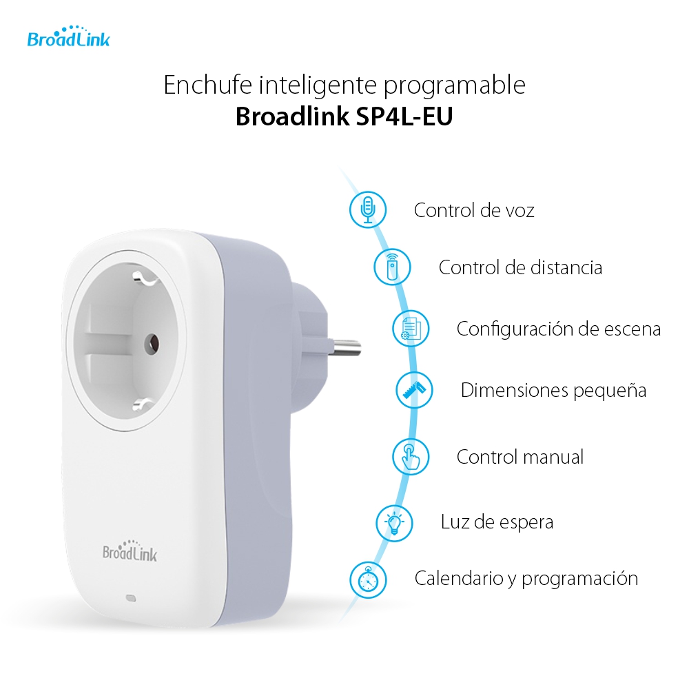 Enchufe inteligente BroadLink SP4L-EU, Wi-Fi, 16A, Programable, Control desde aplicación, Luz de espera
