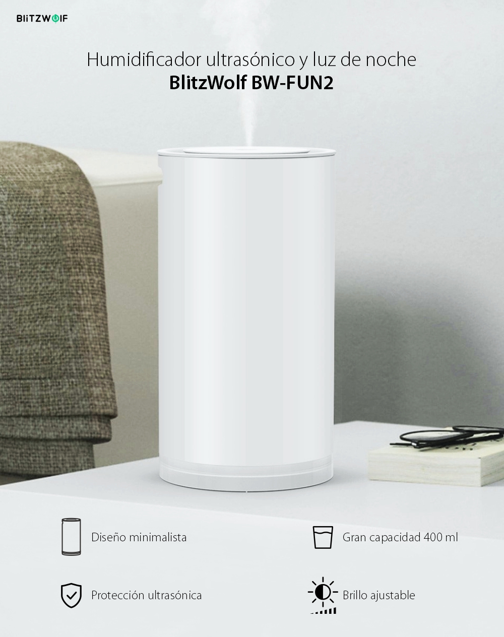 Humidificador ultrasónico con luz de noche BlitzWolf BW-FUN2, Capacidad 400 mL, Brillo ajustable