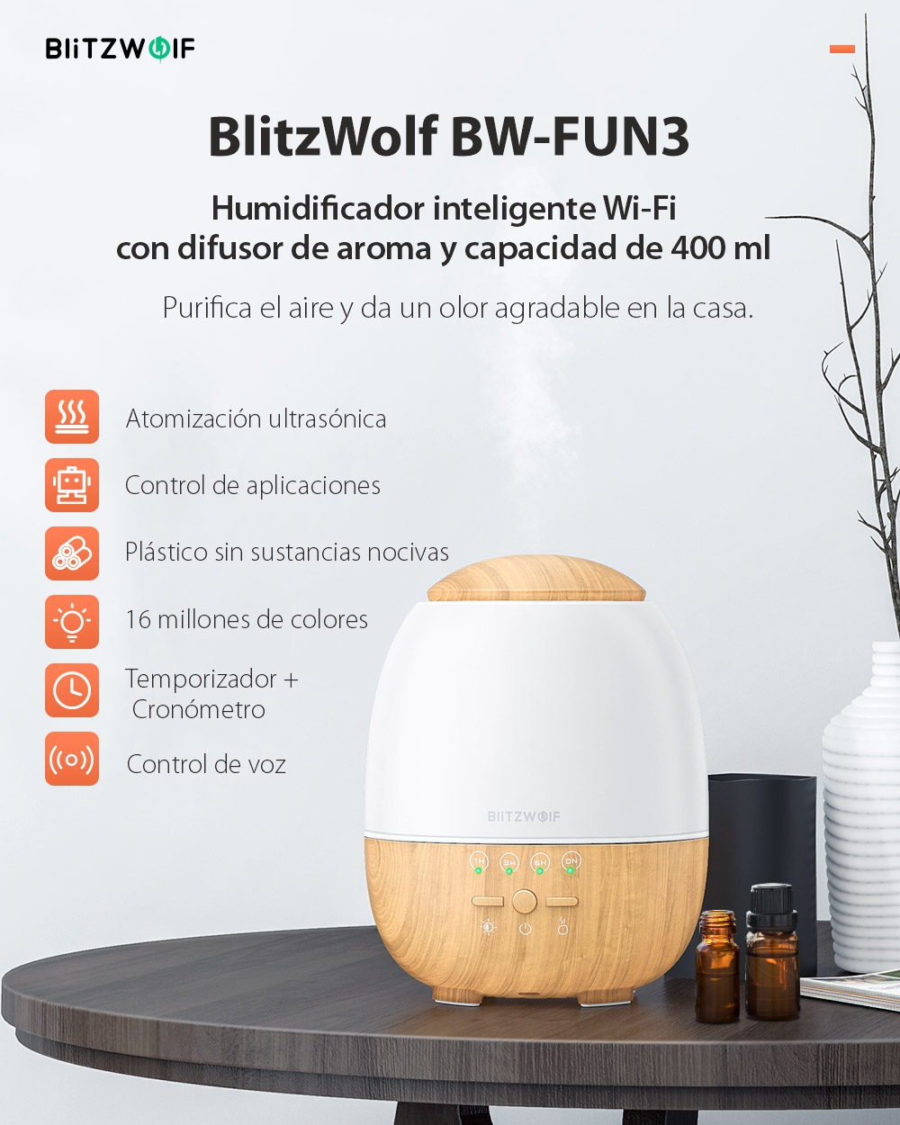 Humidificador ultrasónico y lámpara LED, BlitzWolf BW-FUN3, Inteligente, Wi-Fi, 400 ml, Compatible con Amazon Alexa y Google Assistant