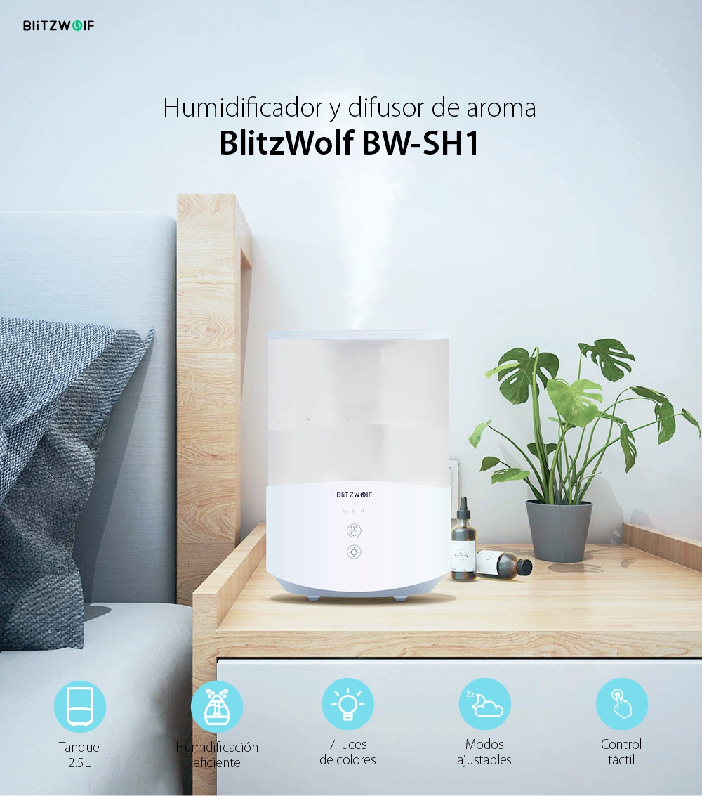 Humidificador y difusor de sabores BlitzWolf BW-SH1, Luz RGB, Capacidad 2,5 L