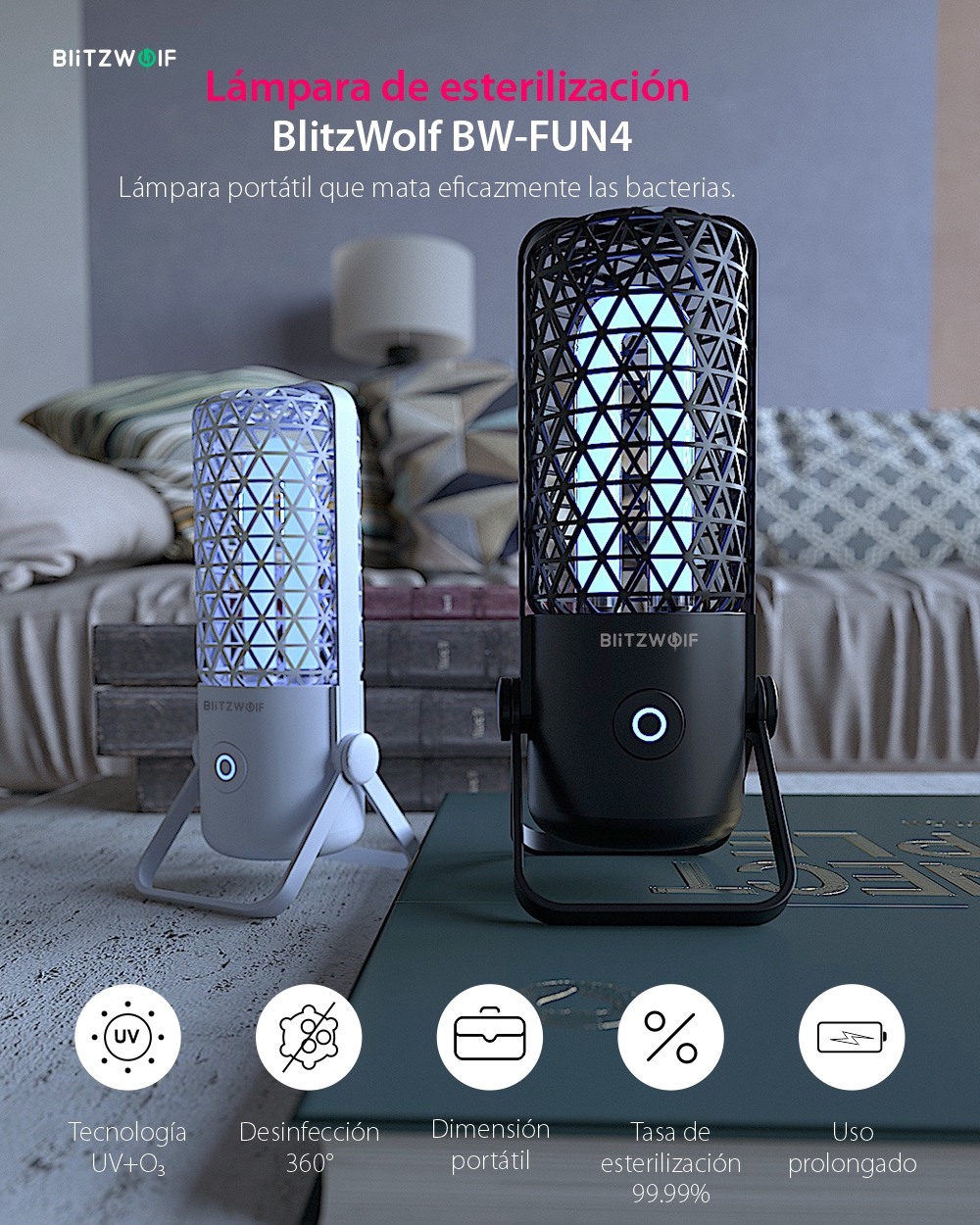 Lámpara de esterilización BlitzWolf BW-FUN4, portátil, ultravioleta y ozono, batería de 700 mAh