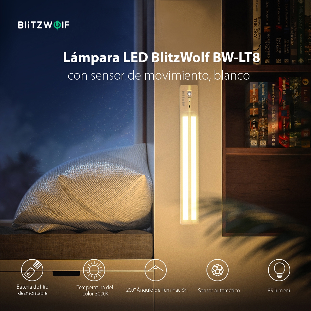 Lámpara led BlitzWolf BW-LT8 , Blanco, 85 LM, 3W, ángulo de iluminación de 200 °, Sensor de movimiento, Batería de 1000 mAh