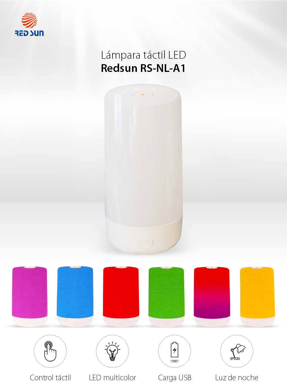 Lámpara LED RedSun RS-NL-A1, Multicolor, Pantalla táctil, Carga USB, Control de intensidad