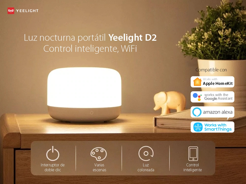 Luz de noche portátil Yeelight D2, Blanco, Inteligente, Bluetooth, Ajuste de color