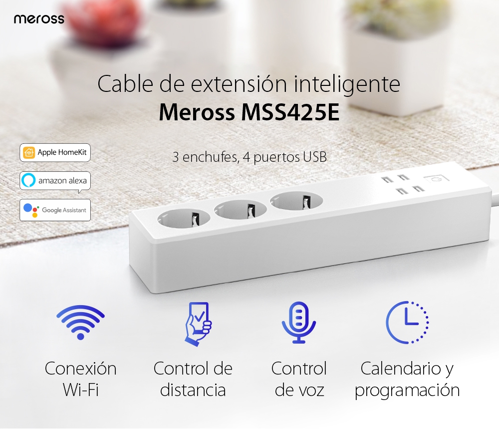 Regleta enchufes Meross MSS425E, Protección contra sobrecarga, 3 enchufes, 4 puertos USB, Longitud del cable 1,8 m