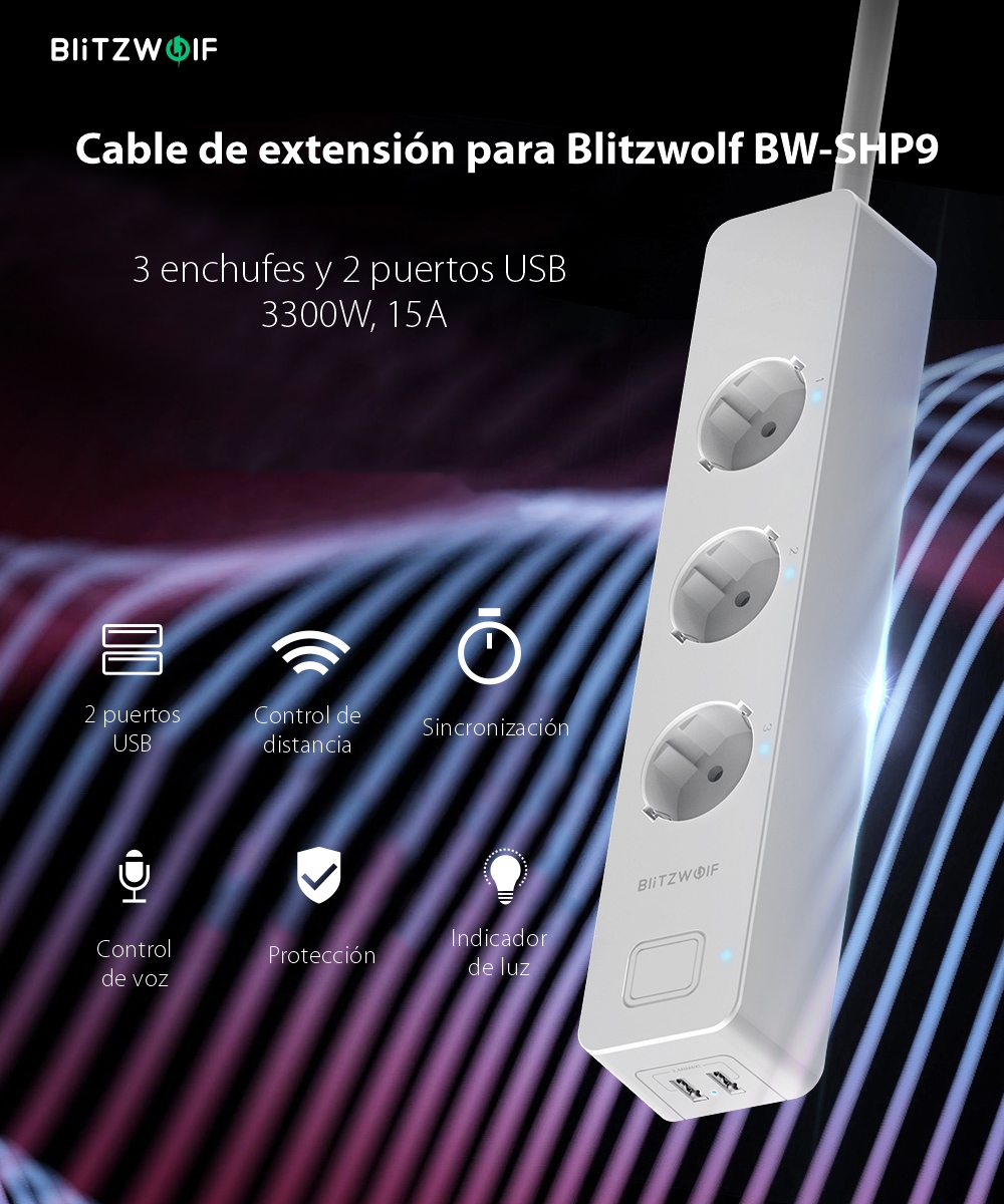 Regleta inteligente Blitzwolf BW-SHP9, 3 enchufes y 2 puertos USB, 3300W, 15A, Control de telefonía móvil
