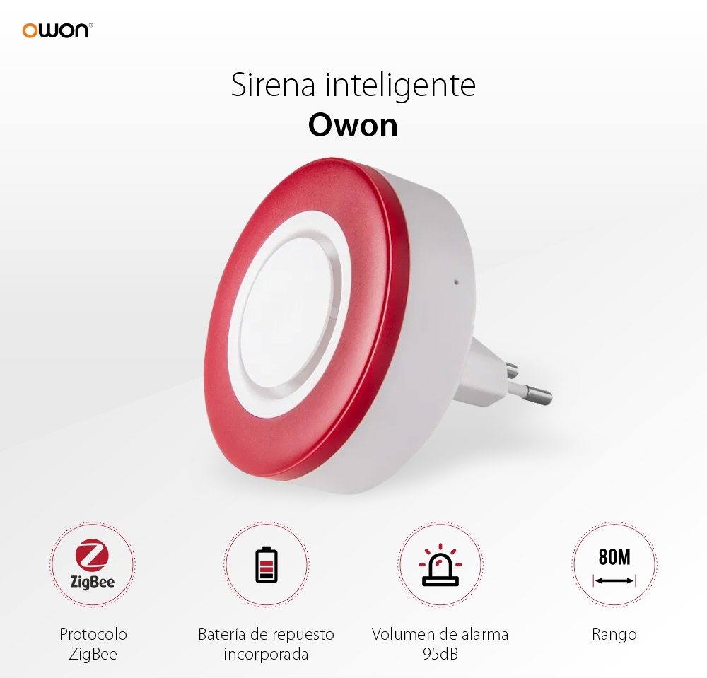 Sirena inteligente Owon, Control desde aplicación, Integración ZigBee, 95 dB, Batería de repuesto 700 mAh