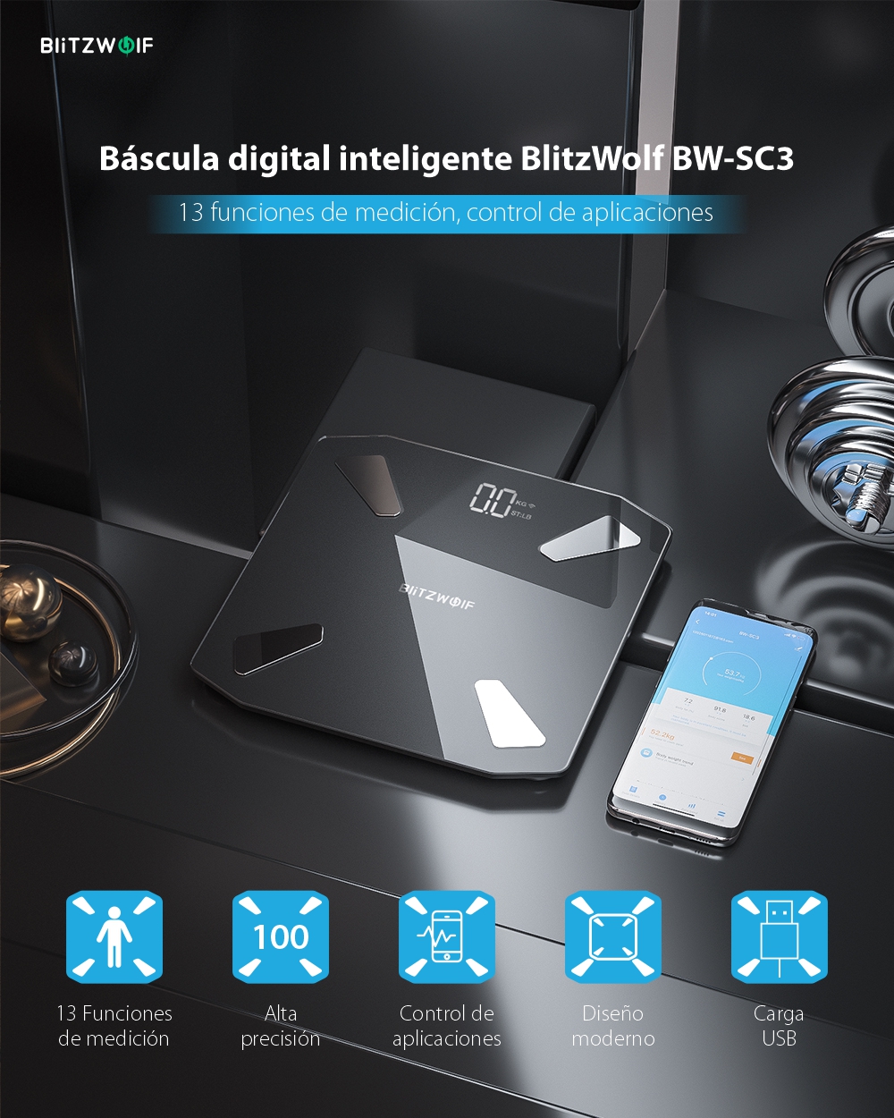 Báscula corporal inteligente BlitzWolf BW-SC3, Baterías de 7000 mAh, 13 indicadores corporales