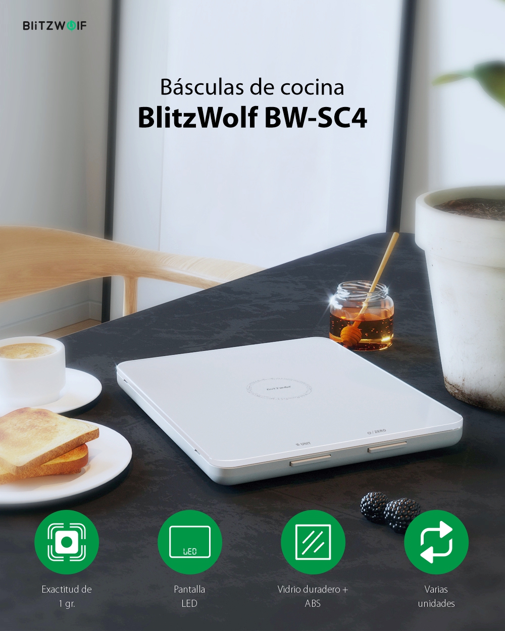 Báscula de cocina BlitzWolf BW-SC4, Inteligente, Pantalla LED, Cristal de seguridad, Capacidad 5 kg