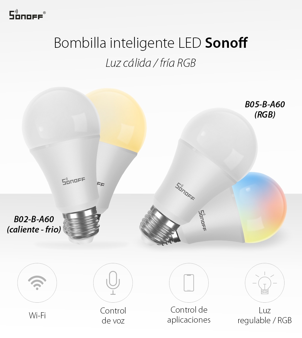 Bombilla LED inteligente Sonoff B05-B-A60, RGB, 9 W de potencia, 806 LM, control desde aplicación