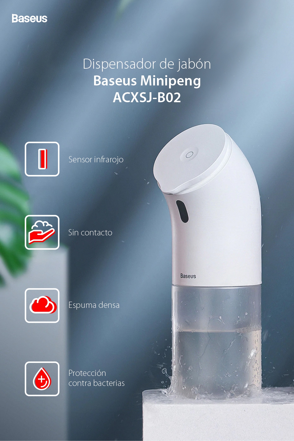 Dispensador de jabón Baseus Minipeng ACXSJ-B02, Sensor de infrarrojos, Capacidad 300 ml, Inclinación 45 °