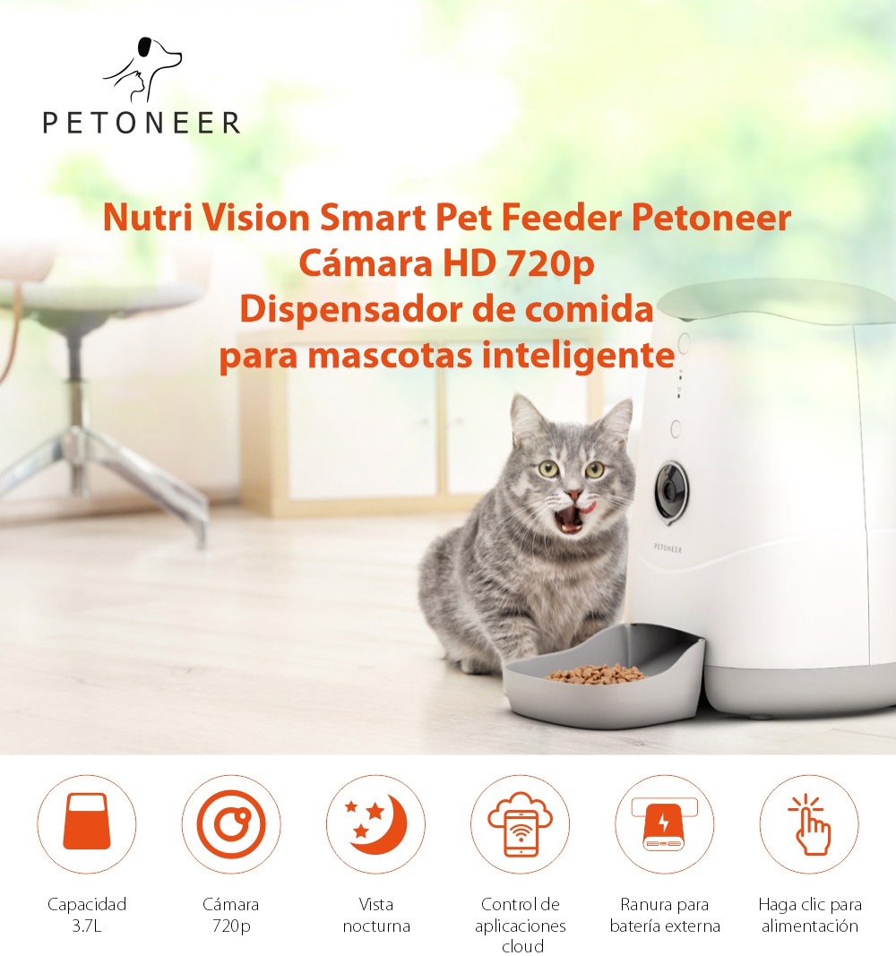 Dispensador inteligente para mascotas Petoneer Nutri Vision, 3.7 L, Cámara, Control por voz