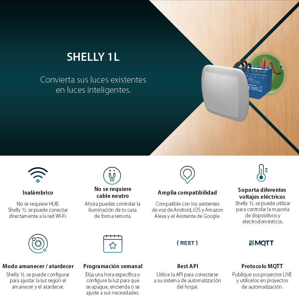 Relé inteligente para la automatización Shelly 1L, Wi-Fi, 20 W, Control desde aplicación, Compatible con Amazon Alexa y Google Assistant