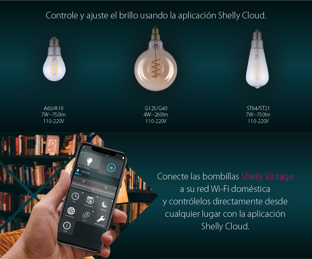 Bombilla inteligente Shelly Vintage A60, Wi-Fi, Control desde aplicación, E27, 7W, 750 LM