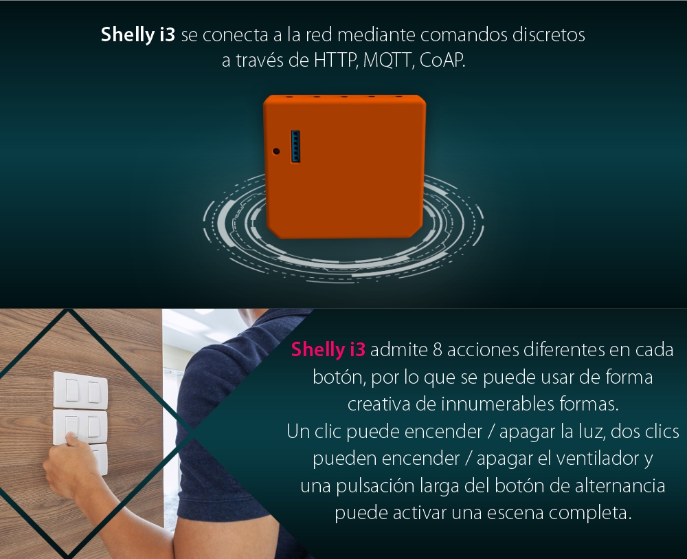 Módulo Wi-Fi para activar escenas Shelly I3, 3 canales, Acciones de 8 botones, Compatible con Amazon Alexa y Google Assistant