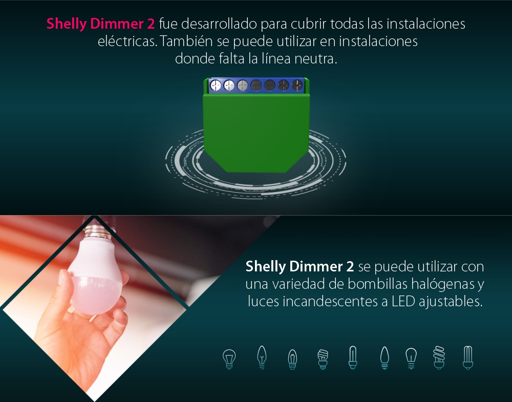 Paquete de 2 relés de luz inteligentes Shelly Dimmer 2, Wi-Fi, 1 canal, Compatible con Amazon Alexa y Google Assistant