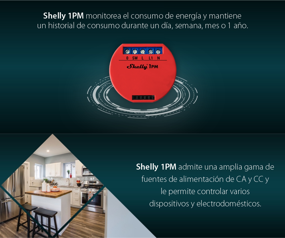 Relé inteligente Shelly 1PM operado por WiFi para la automatización, 16 A, control desde la aplicación, compatible con Amazon Alexa y Google
