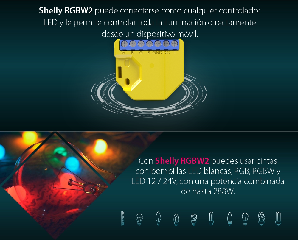 Paquete de 2 relés inteligentes para tira de LED RGB Shelly RGBW2, Wi-Fi, 4 canales, Control desde aplicación