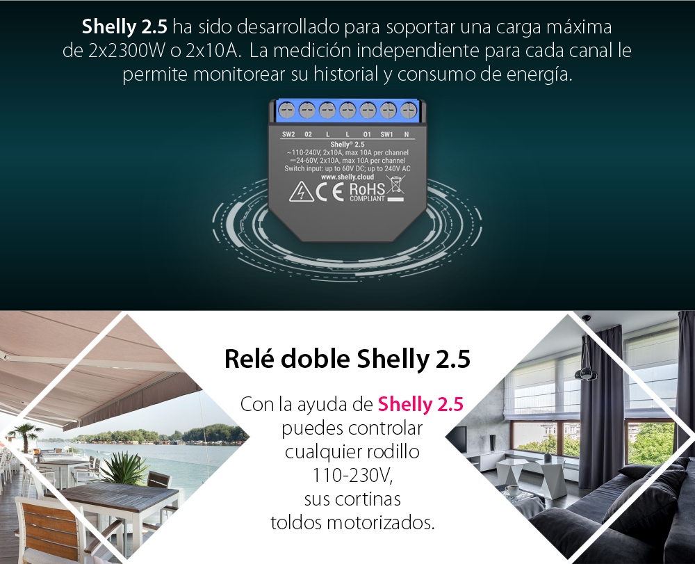 Relé inteligente para automatización Shelly 2.Control desde aplicación, Compatible con Amazon Alexa y Google Assistant5, Wi-Fi, 20 A,