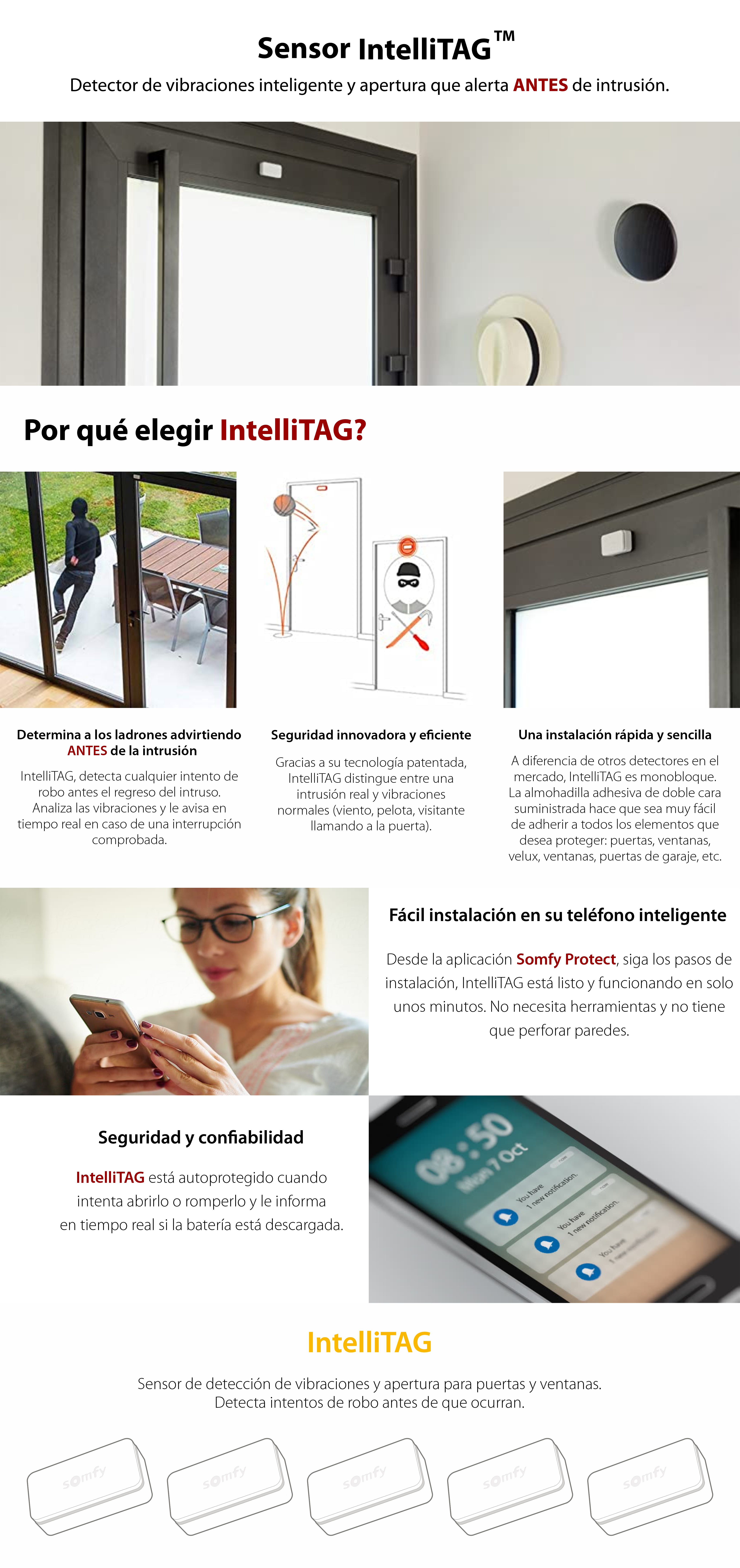 Intellitag™  Sensor para puerta / ventana interior o exterior, Compatible con Somfy One, One +, Home Alarm, Pack de 5 unidades