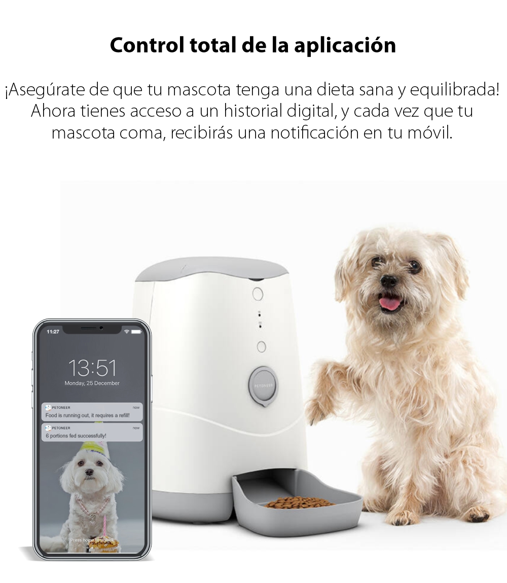 Dispensador inteligente para comida para mascotas Petoneer Nutri, Control de aplicaciones, Ranura para batería externa