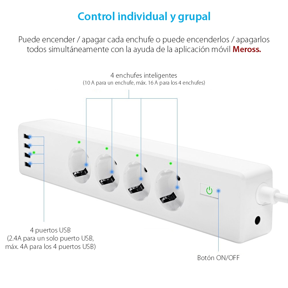 Cable de extensión Meross MSS425F, Protección contra sobrecarga, 4 enchufes, 4 puertos USB, longitud del cable 1,8 metros