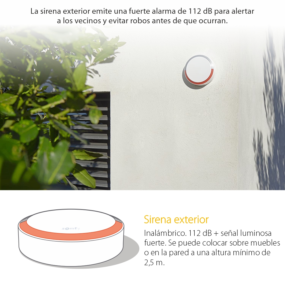 Sirena exterior Somfy, 112 dB, Compatible con Somfy One, One+, Somfy Home Alarm