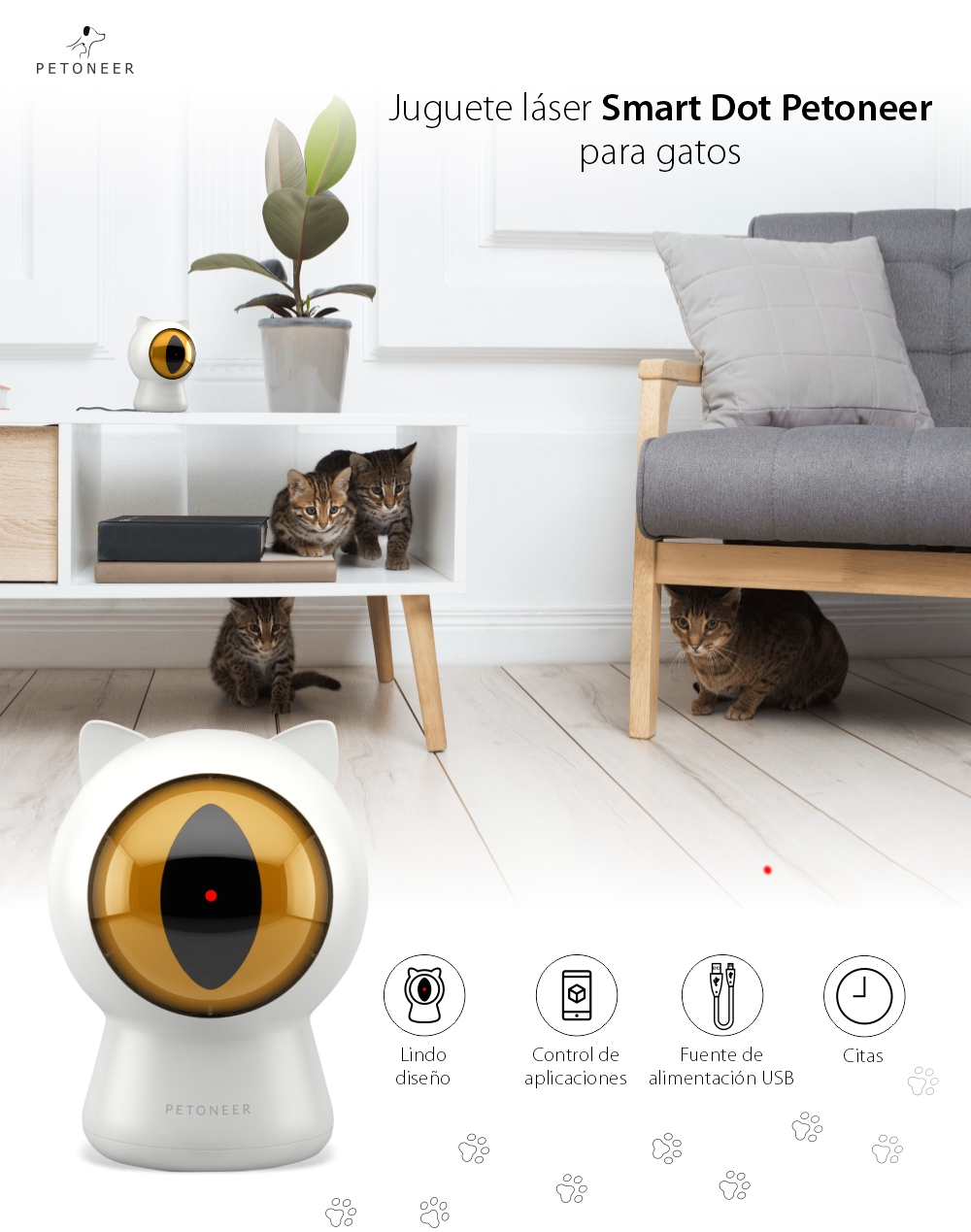 Juguete inteligente para gatos Petoneer Smart Dot, Control desde aplicación, Programación, Alimentación USB