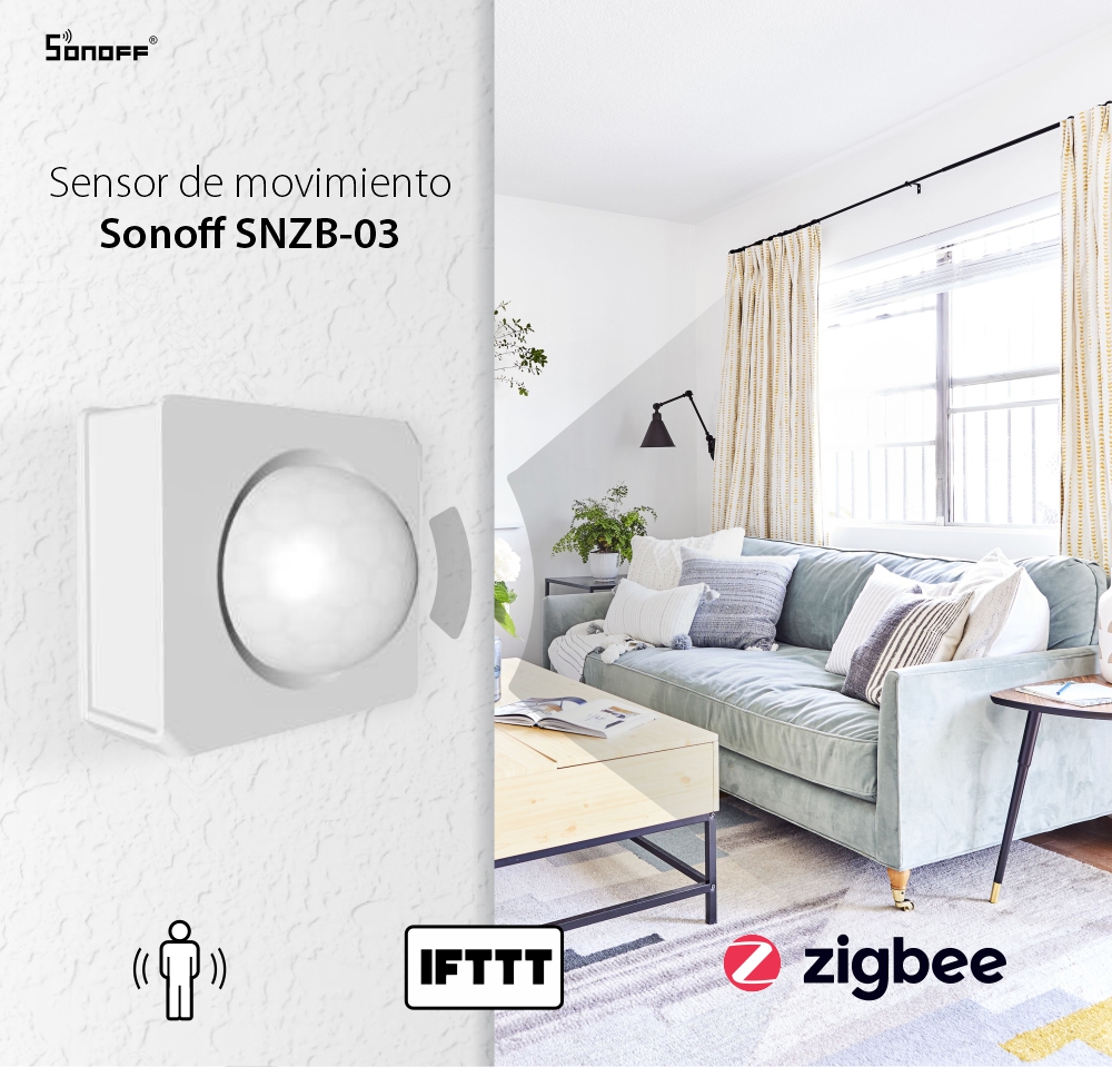 Sensor de movimiento Sonoff SNZB-03, Inalámbrico, Protocolo ZigBee, Distancia de detección de hasta 6 metros