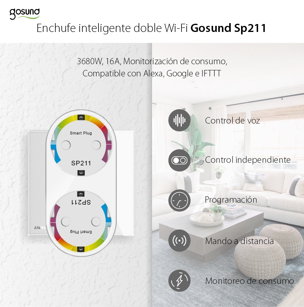 Enchufe doble Inteligente WiFi 16A. Control por Voz y App