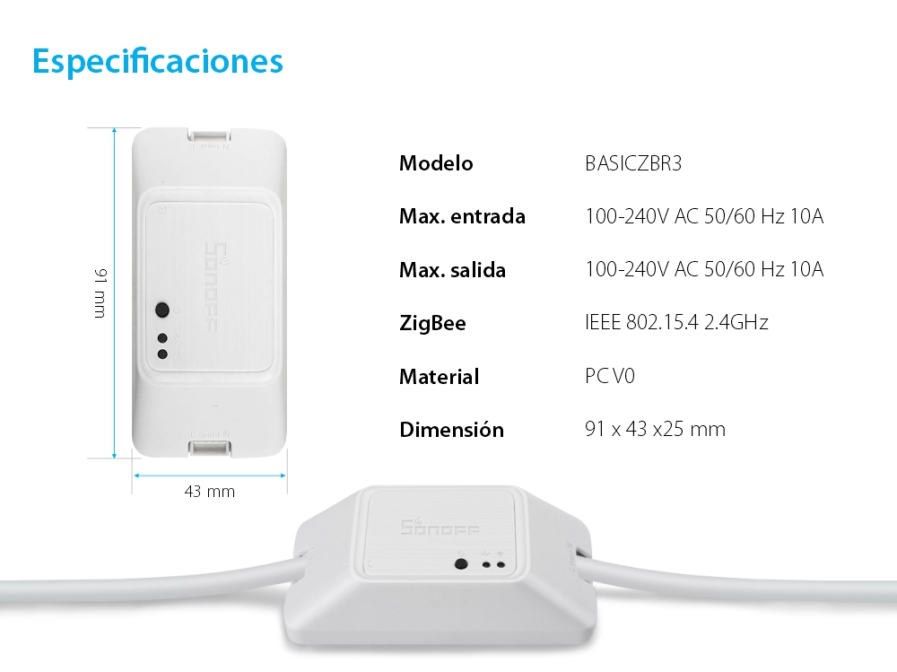 Relé inalámbrico Sonoff Basic R3, Protocolo ZigBee, Control desde aplicación, Compatible con asistentes de voz