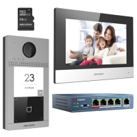 Kit videoportero para familia HikVision DS-KIS604-S, Estación externa de 2MP, Monitor de 7 pulgadas, Tarjeta de memoria de 16 GB
