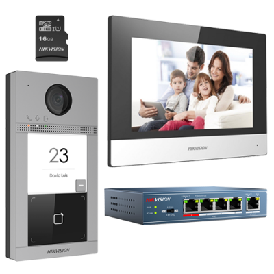 Kit videoportero para familia HikVision DS-KIS604-S, Estación externa de 2MP, Monitor de 7 pulgadas, Tarjeta de memoria de 16 GB