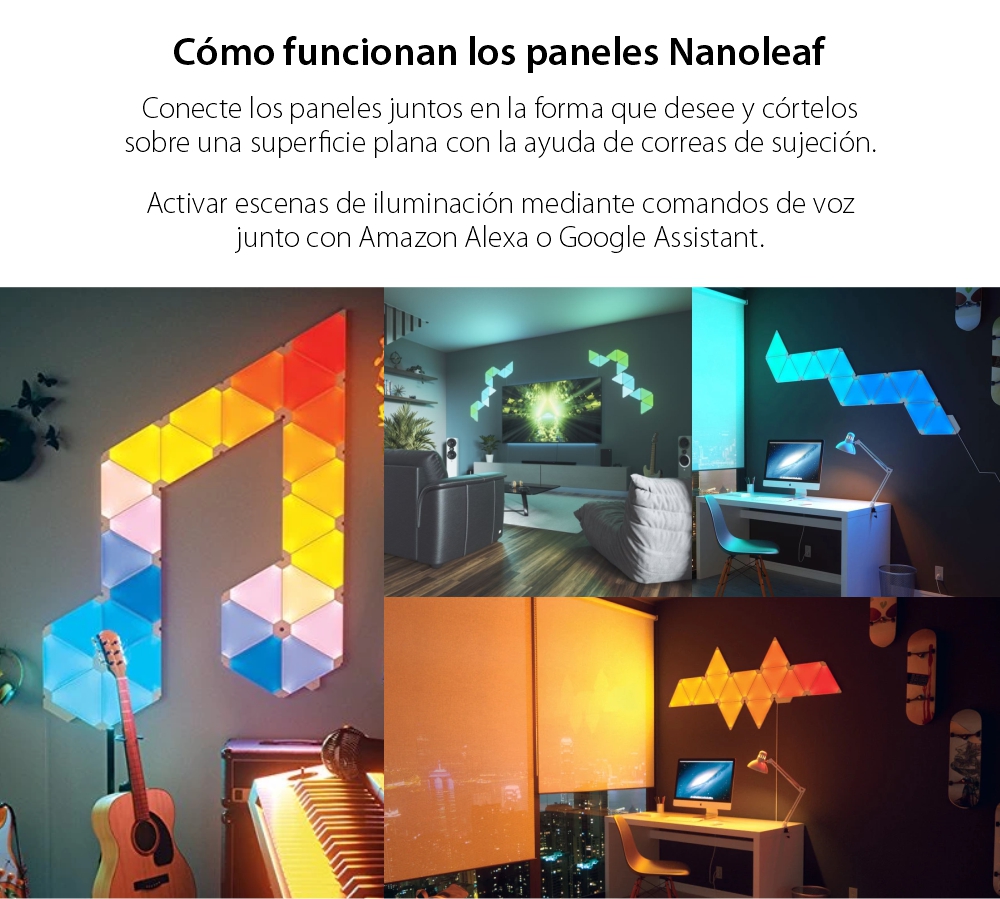 Kit 15 paneles de luz Nanoleaf Shapes Triangles, Iluminación LED RGBW, Sensor de música, Cable de 2,5 m, Compatible con asistentes de voz