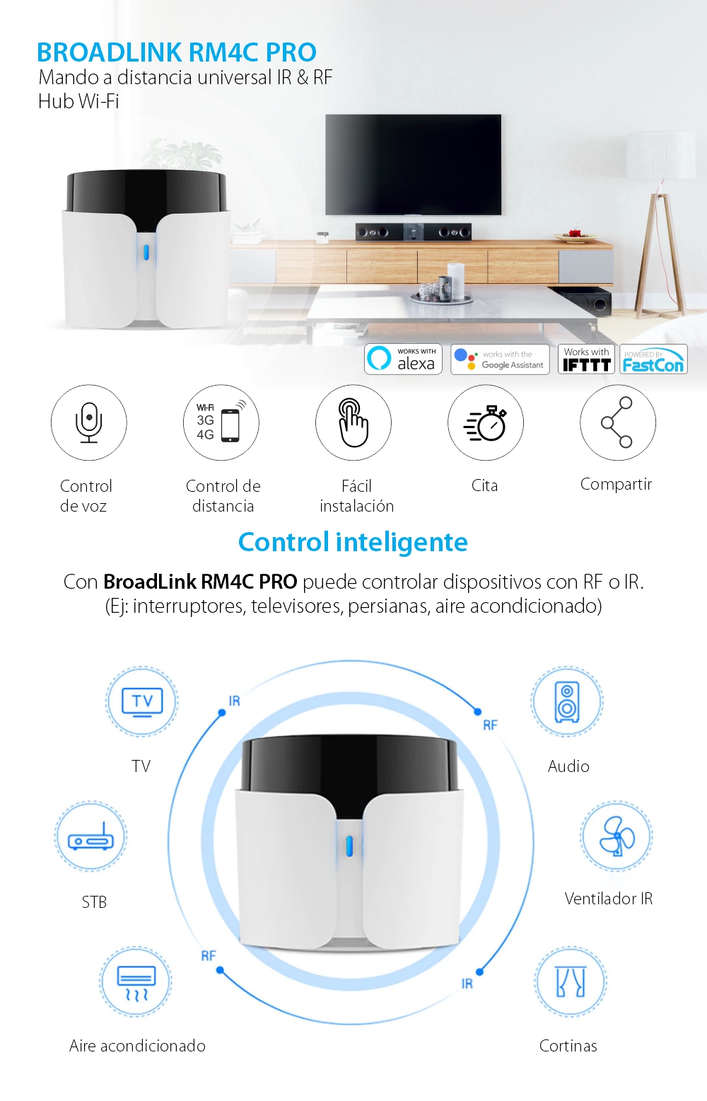 Control remoto inteligente BroadLink RM4C Pro, IR, Wi-Fi, control desde la aplicación, integración con asistentes de voz