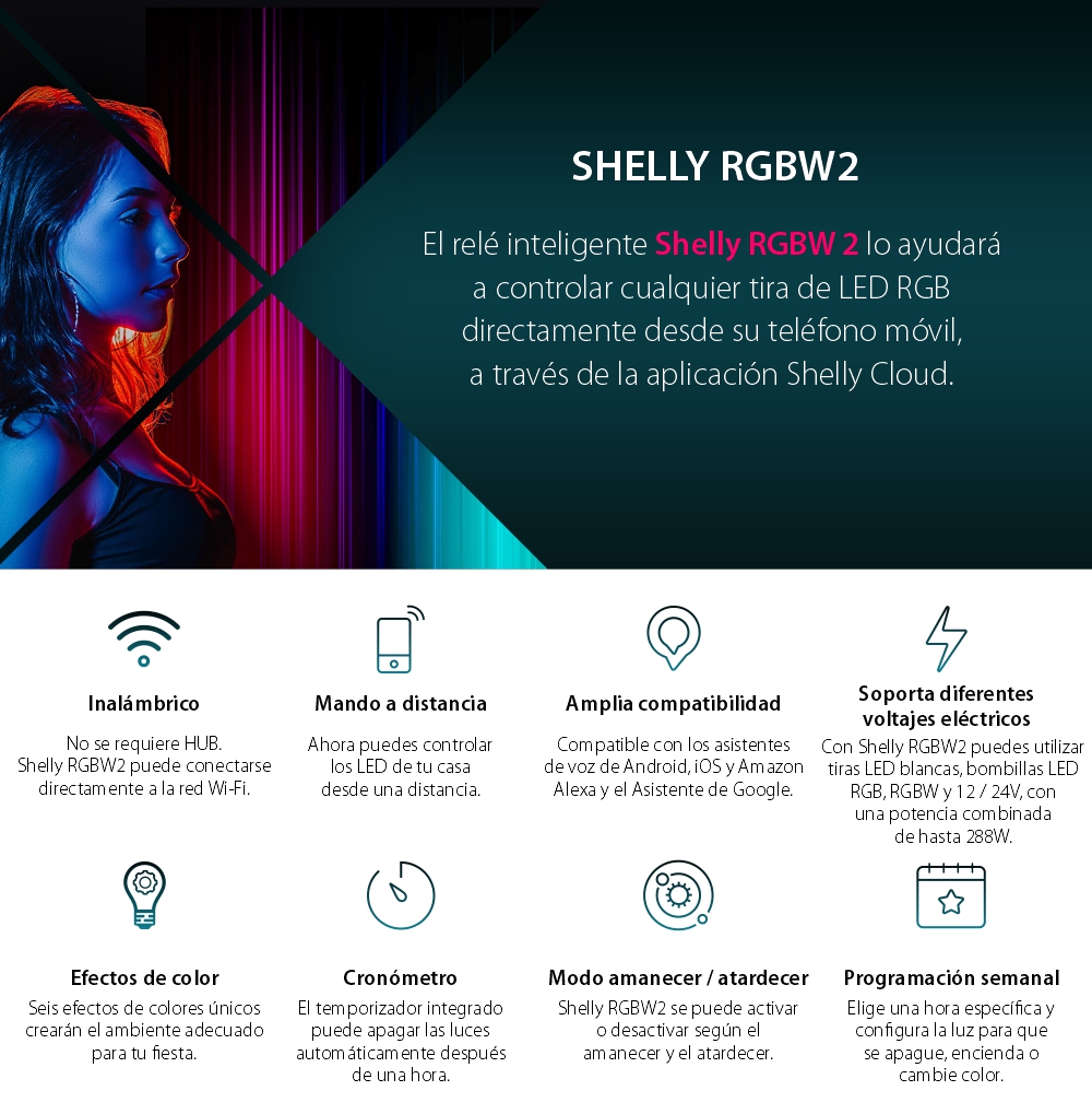 Shelly RGBW2 – Relé inteligente para tira LED RGB, 12-24 V, Amazon Alexa y Google Home, 4 canales, control desde la aplicación,1 unidad