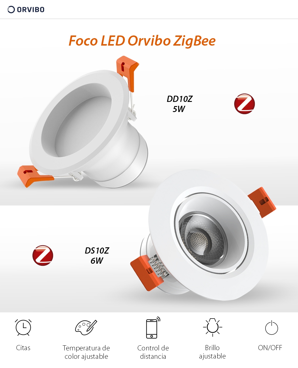 Foco LED Orvibo DS20Z, 6W, protocolo ZigBee, 450 LM, luz ajustable