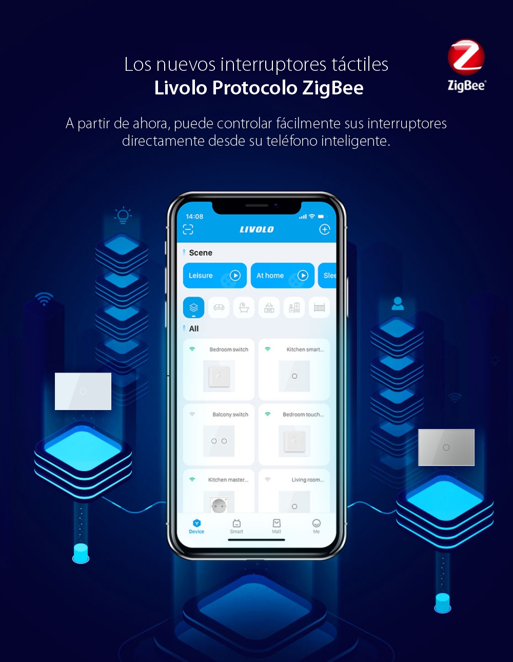 Interruptor táctil simple 1 tactil Livolo italiano estándar, Protocolo ZigBee – Nueva serie