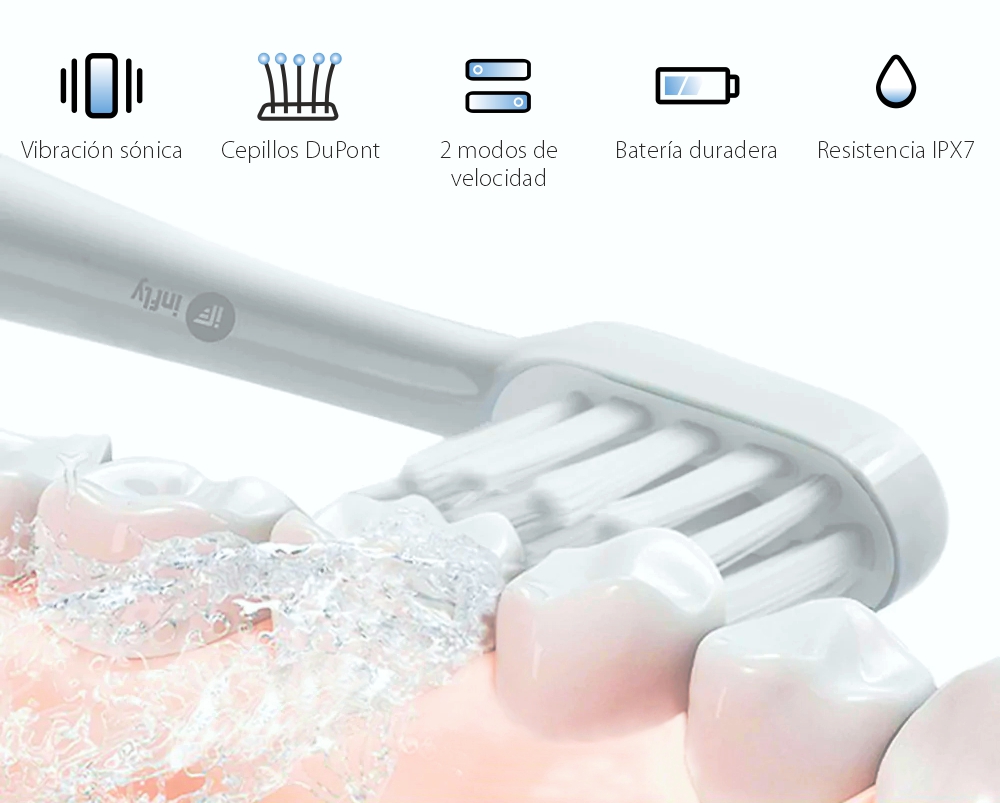 Cepillo de dientes eléctrico Sonic Infly, Batería de 320 mAh, IPX7 protección, Carga USB