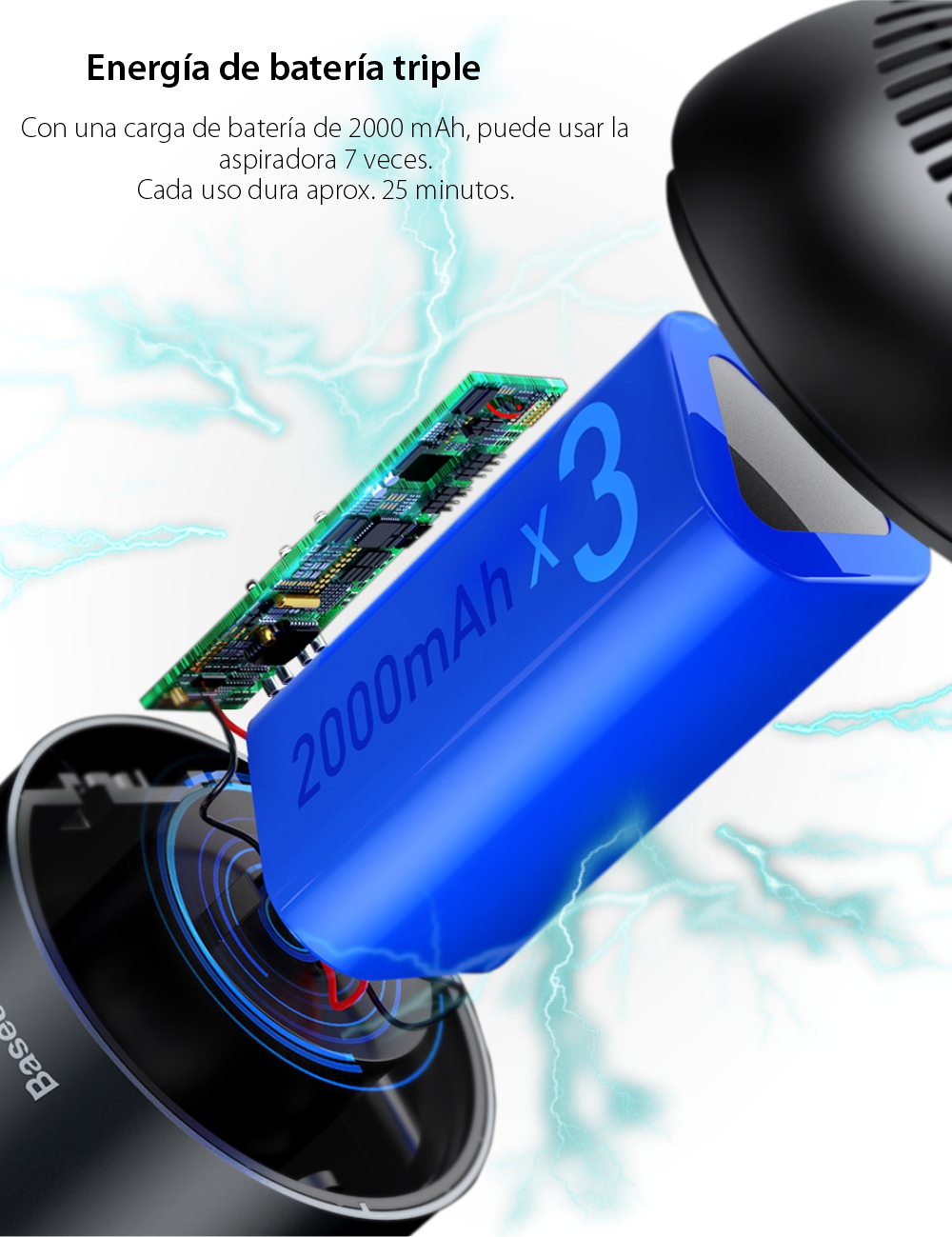 Aspirador de coche Baseus cápsulas, inalámbrico, batería de 2000 mAh, potencia de 65 W, carga tipo C