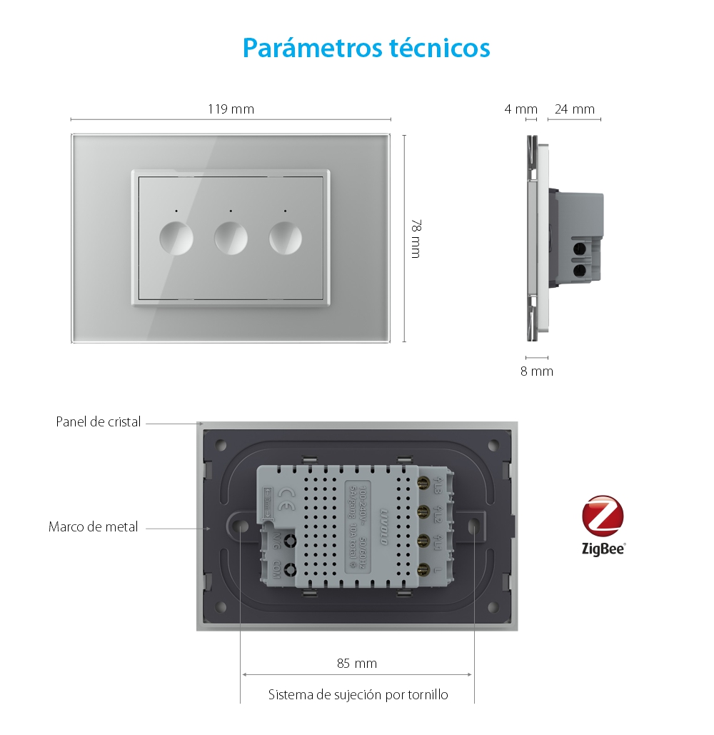 Interruptor triple, 3 botones táctiles Livolo con marco de cristal, Protocolo ZigBee, Estándar italiano – Nueva serie