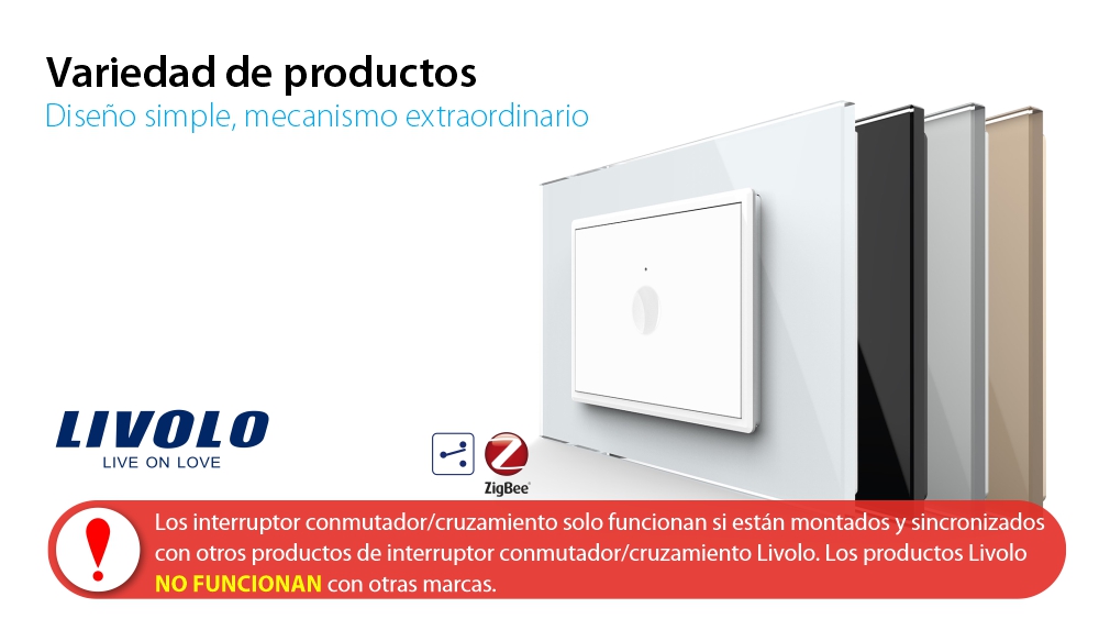 Interruptor conmutador/cruzamiento simple, táctil Livolo con marco de vidrio, estándar italiano, protocolo ZigBee – nueva serie
