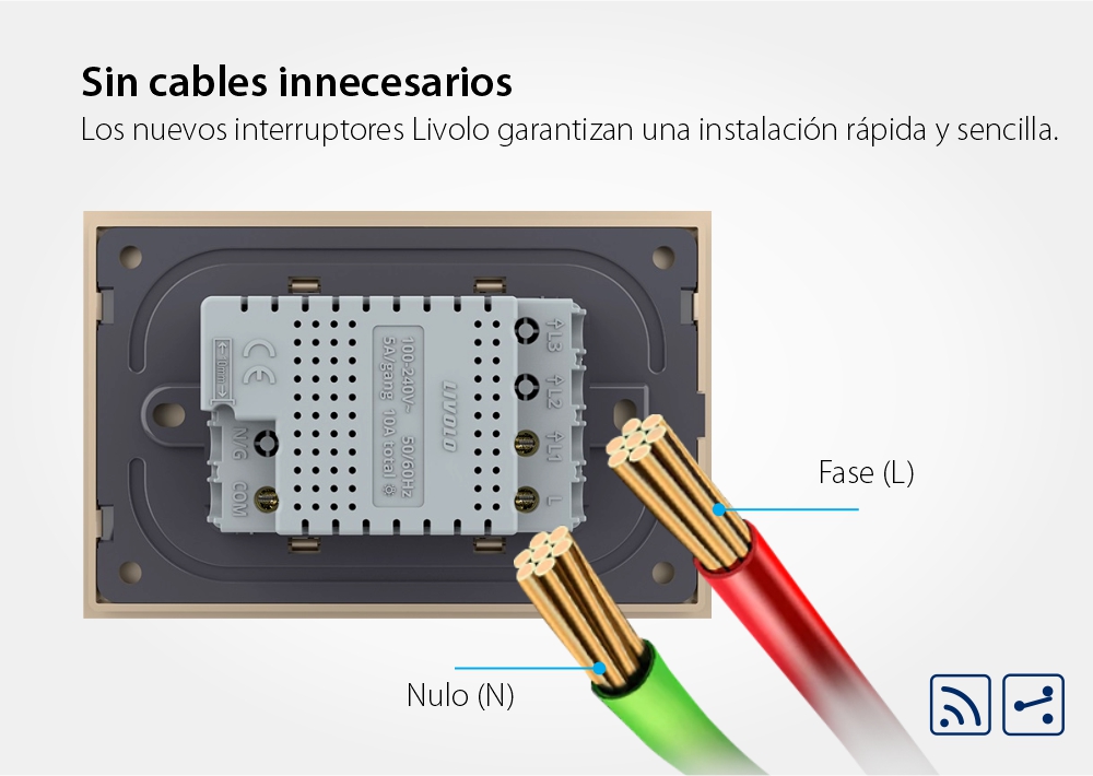 Interruptor conmutador simple, táctil, inalámbrico Livolo con marco de vidrio, estándar italiano – nueva serie
