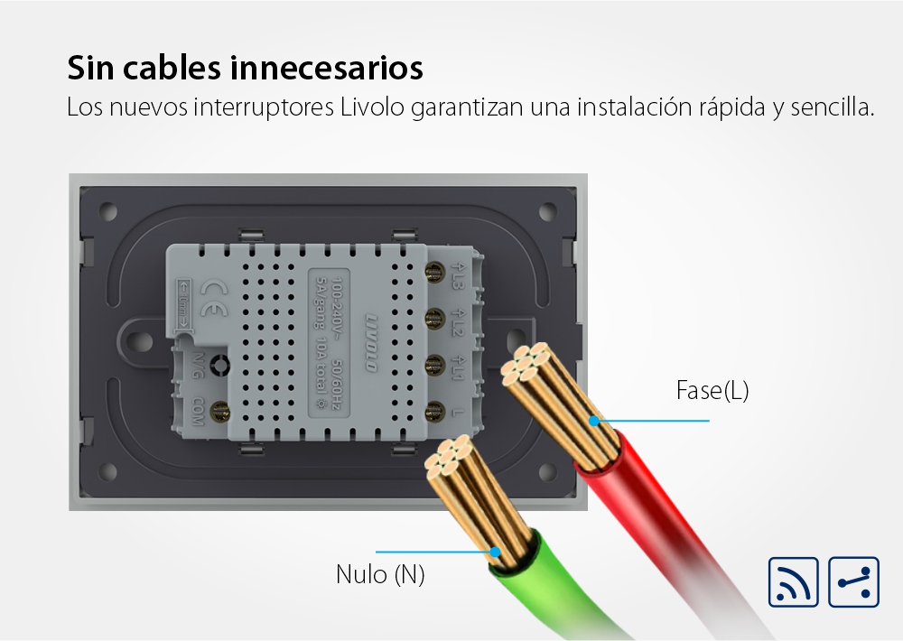 Interruptor conmutador triple, táctil, inalámbrico Livolo, con marco de vidrio, estándar italiano – nueva serie