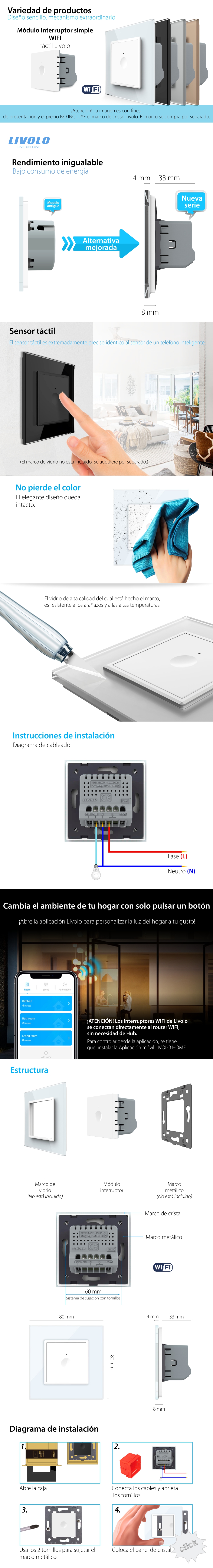 Módulo interruptor simple táctil WIFI Livolo – Serie nueva