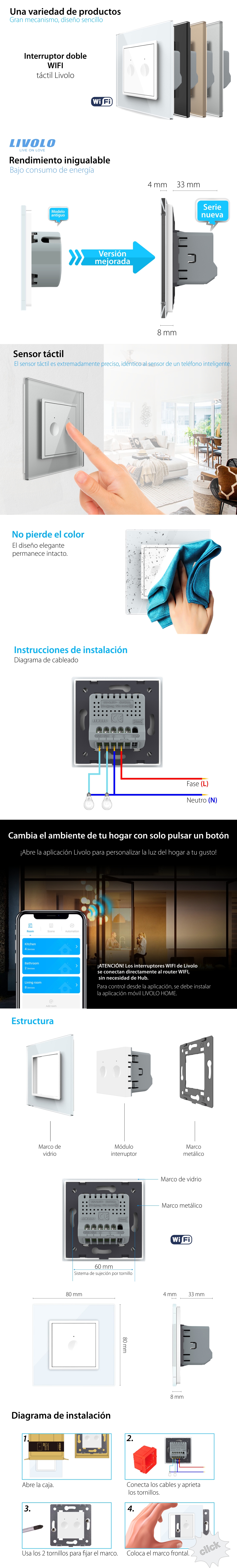 Interruptor doble táctil Wifi Livolo con marco de vidrio – Serie nueva