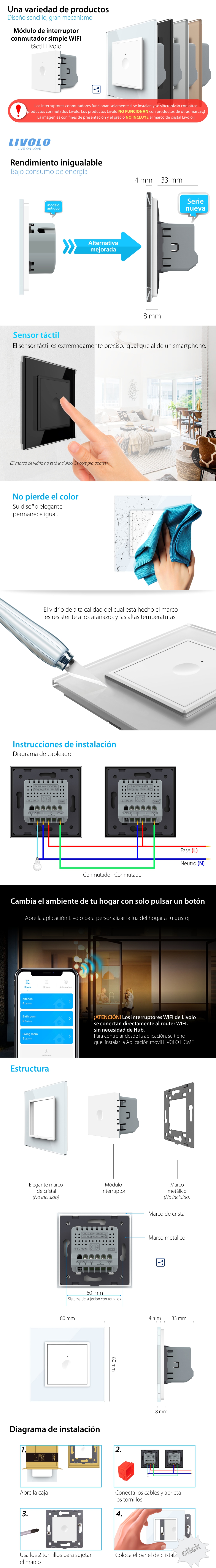 Módulo de interruptor conmutador/conmutador cruce simple táctil Wifi Livolo – Serie nueva
